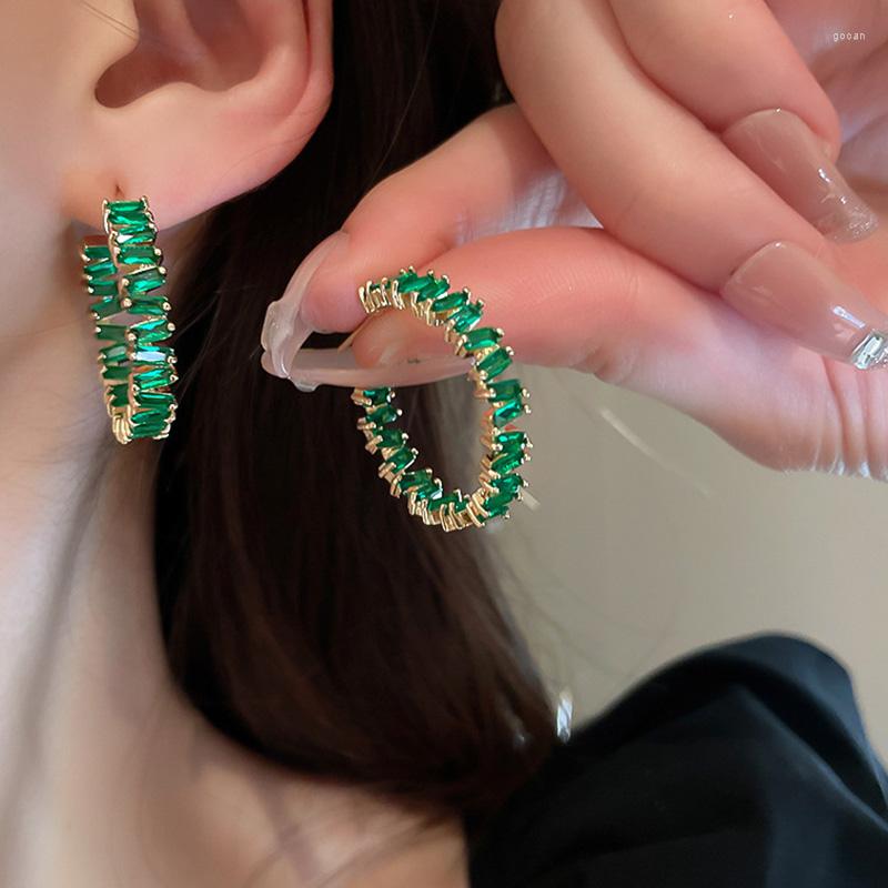 

Hoop Earrings Trendy Jewelry High Quality Inlay CZ T Shape Green Zircon Crystal For Women Party Gifts