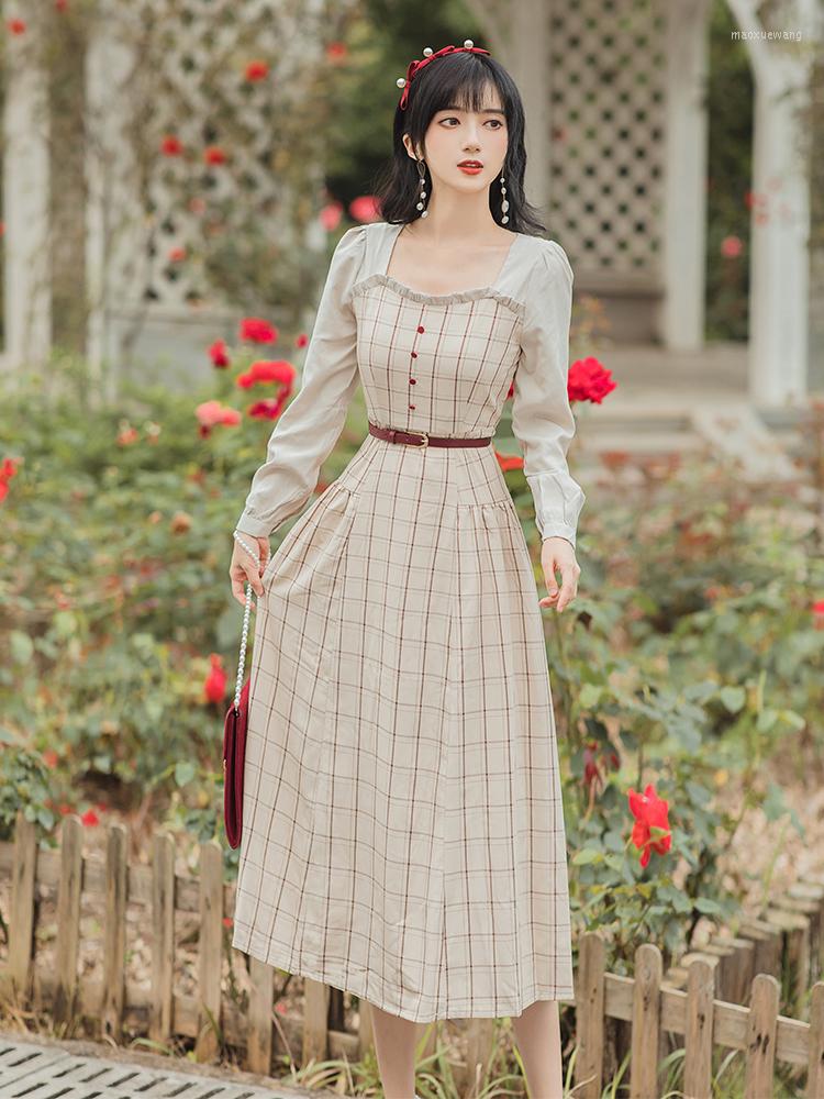 

Casual Dresses 2022 Autumn Women Literary Retro Plaid Long Sleeved Ruffled Square Collar Elegant French Dress Vestido De Mujer, Photo color