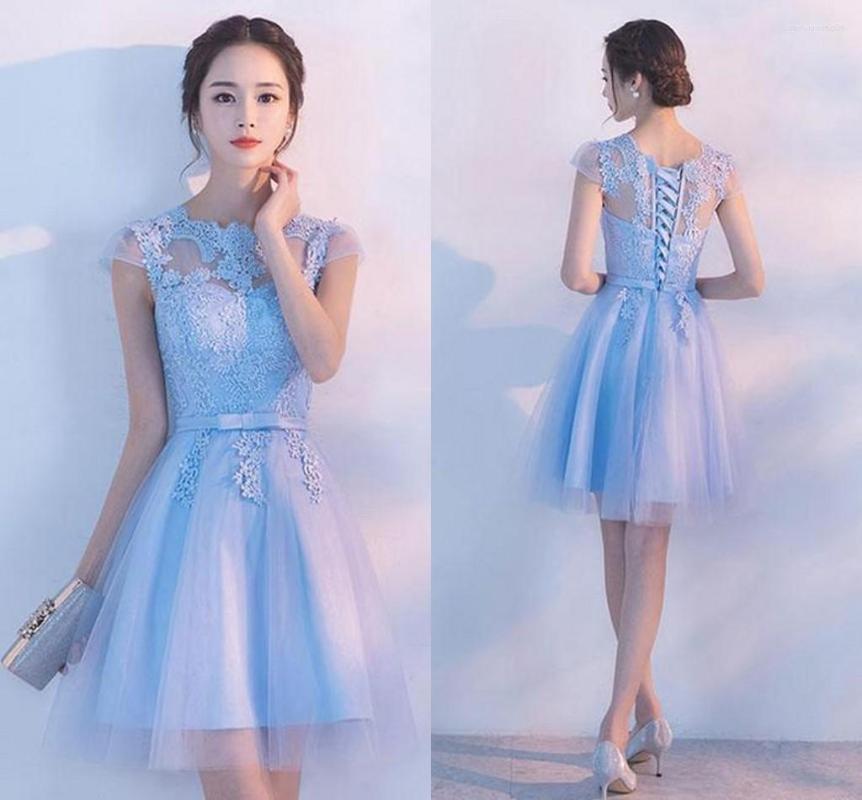 

Party Dresses Sweet Lace Homecoming Sheer Short Sleeve Jewel Light Sky Blue Mini Prom Graduation Dress Juniors Foraml Gowns, White