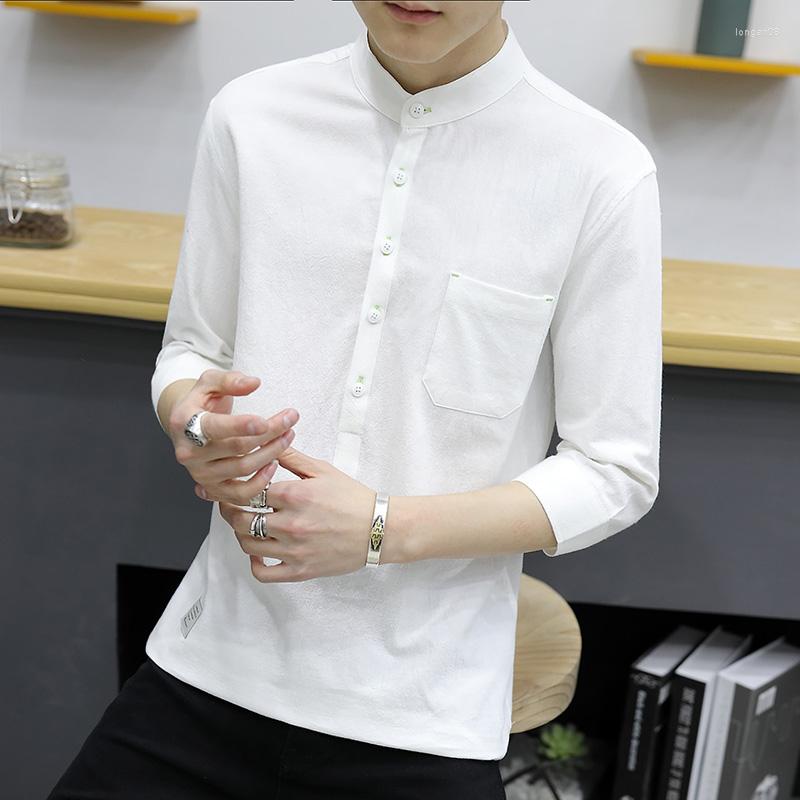 

Men' Casual Shirts YASUGUOJI Mens Korean Fashion Summer Three Quarter Sleeve Shirt Men Button Up Stand Collar Pure Cotton For, Black