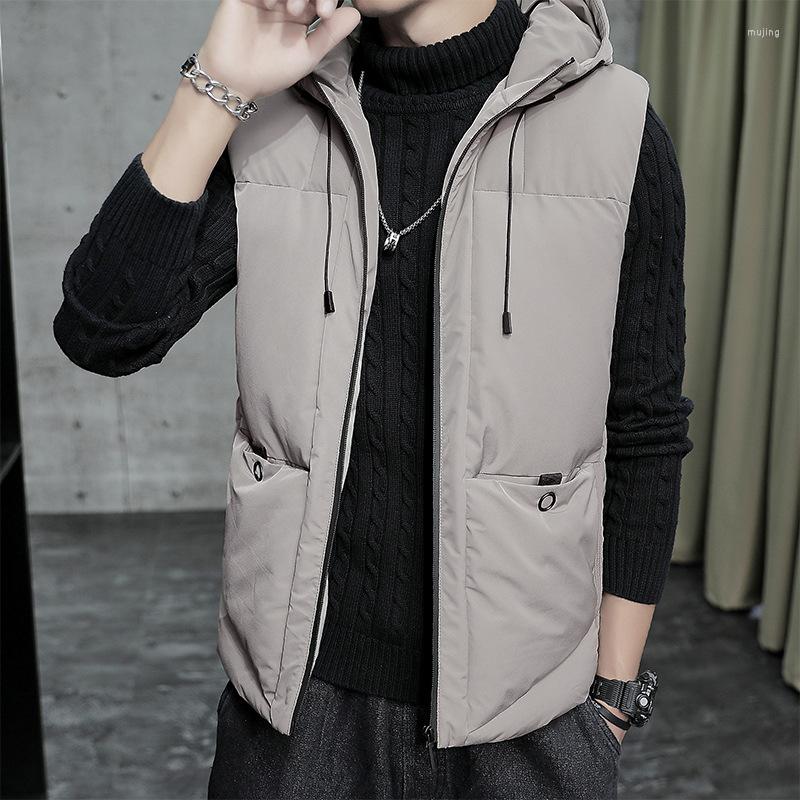 

Men's Down 2022 Autumn Casual Cardigan Vest Side Seam Pocket Hooded Solid Color Fit Thickened Cotton Jacket, Khaki