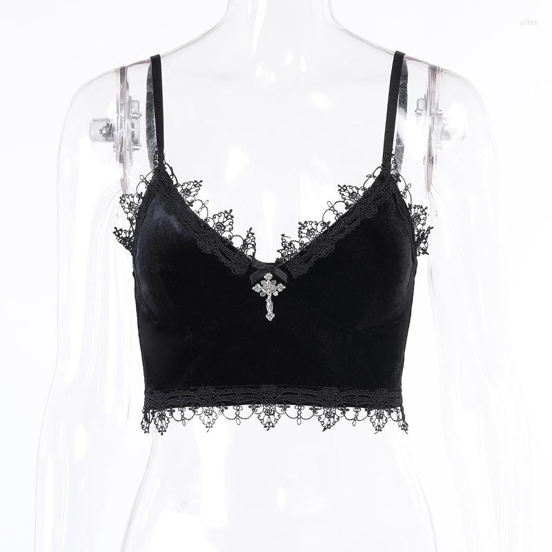 

Women' Tanks Summer Fashion Women Velvet Lace Camisole Cross Pendant Small Crop Top Sexy Girl' Bottoming Sports Short Vest Party Gift, Black camis