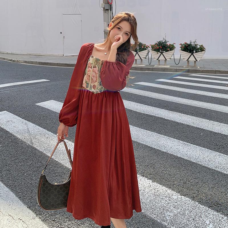 

Casual Dresses 2022 Pattern French Western Style Light Luxury Sense Design Floral Long Sleeve Dress, Red