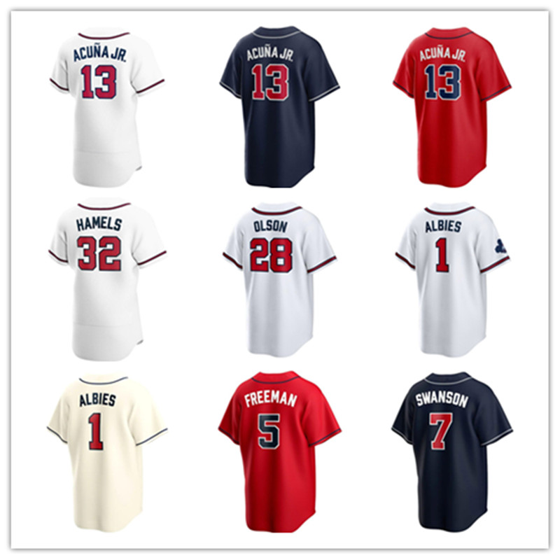 

Custom Baseball Jersey WS Gold Program 7 Dansby Swanson 13 Ronald Acuna Jr. 28 Matt Olson 27 Austin Riley 1 Ozzie Albies 10 Chipper Jones Will Smith Eddie Rosario, 2023