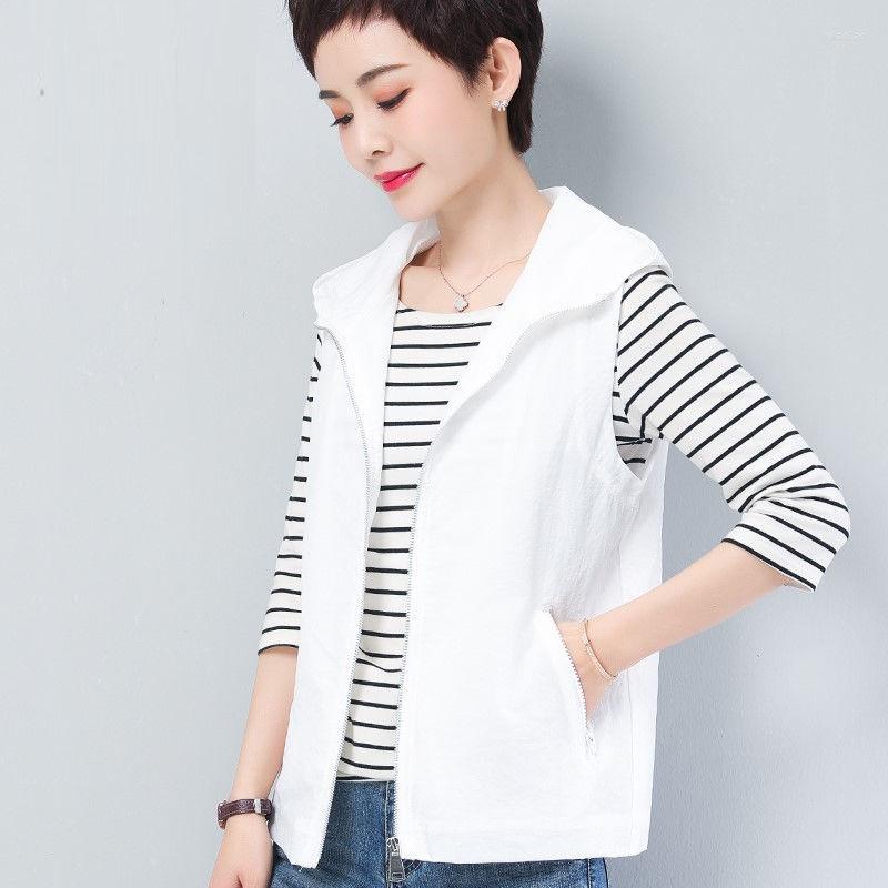 

Women's Vests Women Vest Spring Summer Waistcoats Hooded Air Conditioner Thin Sun Protection Ladies Sleeveless Jacket Female 5XL E164, White