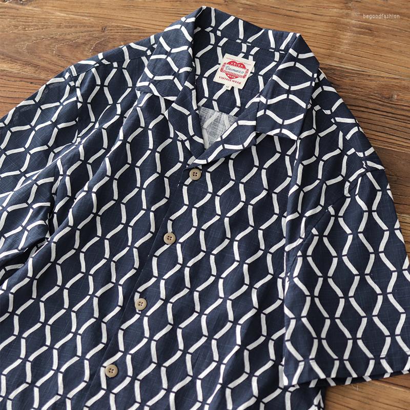 

Men's Casual Shirts Men's Wave Pattern Summer Fashion Vintage Short Sleeve Hawaii Holiday Beach Blouse Loose Thin Plaid Tops Clothing, Deep blue