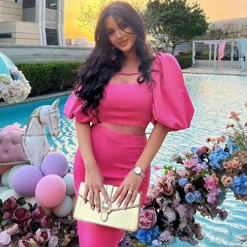 

Women' Tracksuits 2022 Summer European And American Women' Lantern Long Sleeve Square Collar Short Top High Waist Mid-Length Skirt Set, Rose red