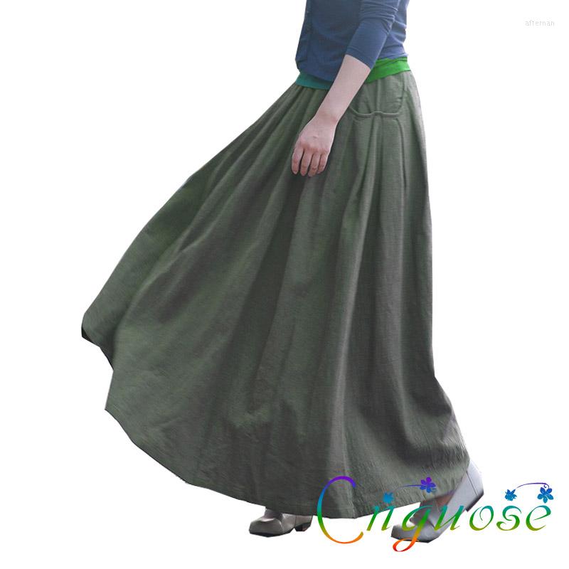 

Skirts Female Clothing Vintage Casual ArmyGreen Cotton Linen Plus Size 5XL 6XL Big Pocket Pleated Women's Long Maxi Skirt, Army green