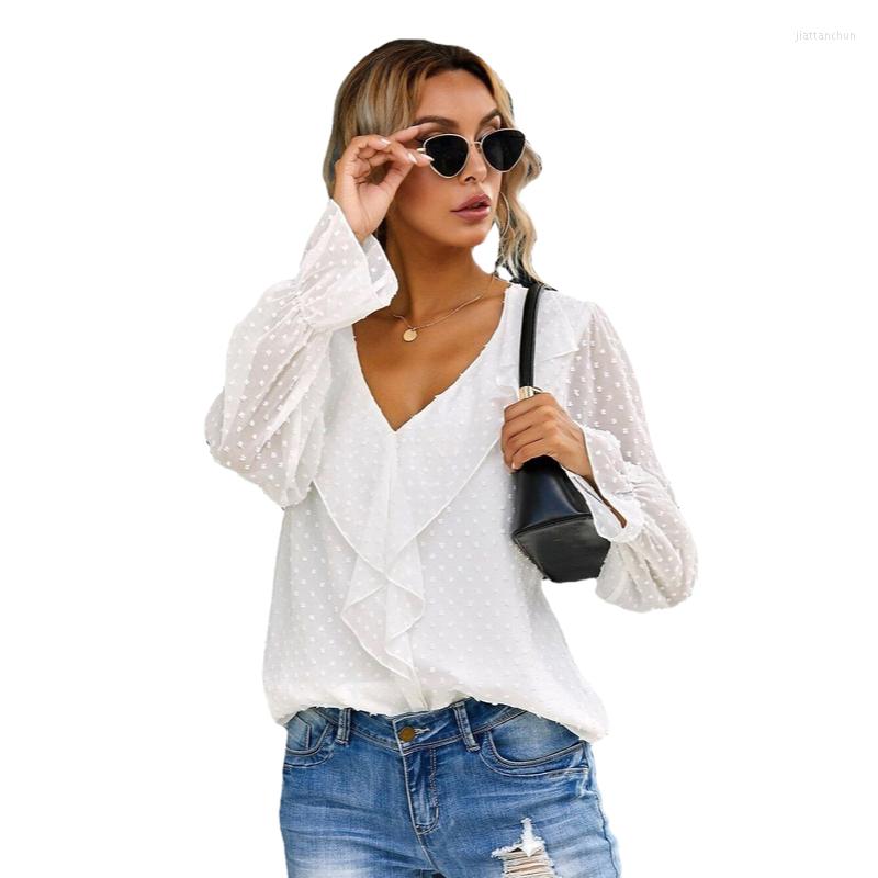 

Women' Blouses Fashion Womens Ruffles Shirts Tops Polka Dot Elegant White OL Shirt Ladies Flare Long Sleeve Streetwear Clothing, Black