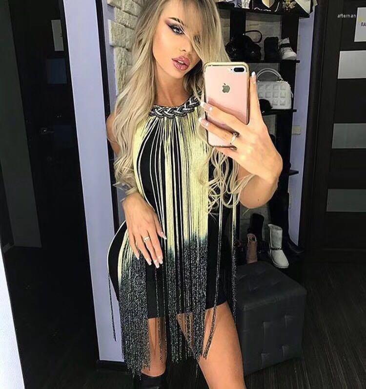 

Casual Dresses 2022 Summer Women Sleeveless Mini Bandage Dress Sexy Bodycon Tassel Evening Party Vestidos, Black