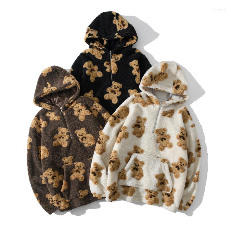 

Men' Hoodies Sudaderas Fashion Lamb Wool Thicken 2022 Autumn Winter Vintage Bear Print Hooded Pullover Couple Zip UP Sweatshirt