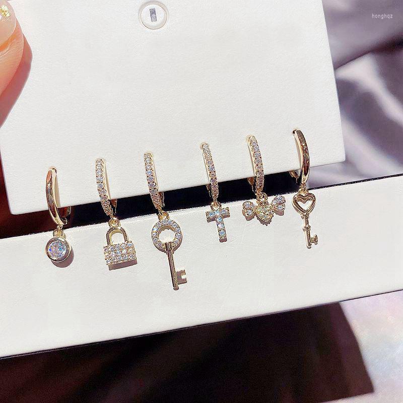 

Hoop Earrings ANENJERY Geometric Key Lock Shaped Cross 6-piece Set For Women Shiny Zircon Party Jewelry Wholesale