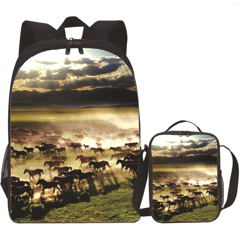 

School Bags Backpack With Horse Print Boys Girls Lunch Box Kids Travel Schoolbags And Cooler Bag Suit Season, 16