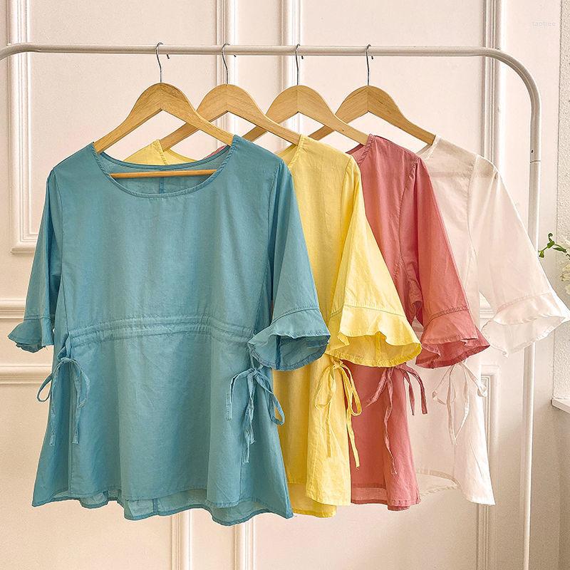 

Women's Blouses Cotton Women Blouse Summer 2022 O-Neck Flare Sleeved Solid Drawstring Loose Elegant Female Pulls Tops, Blue