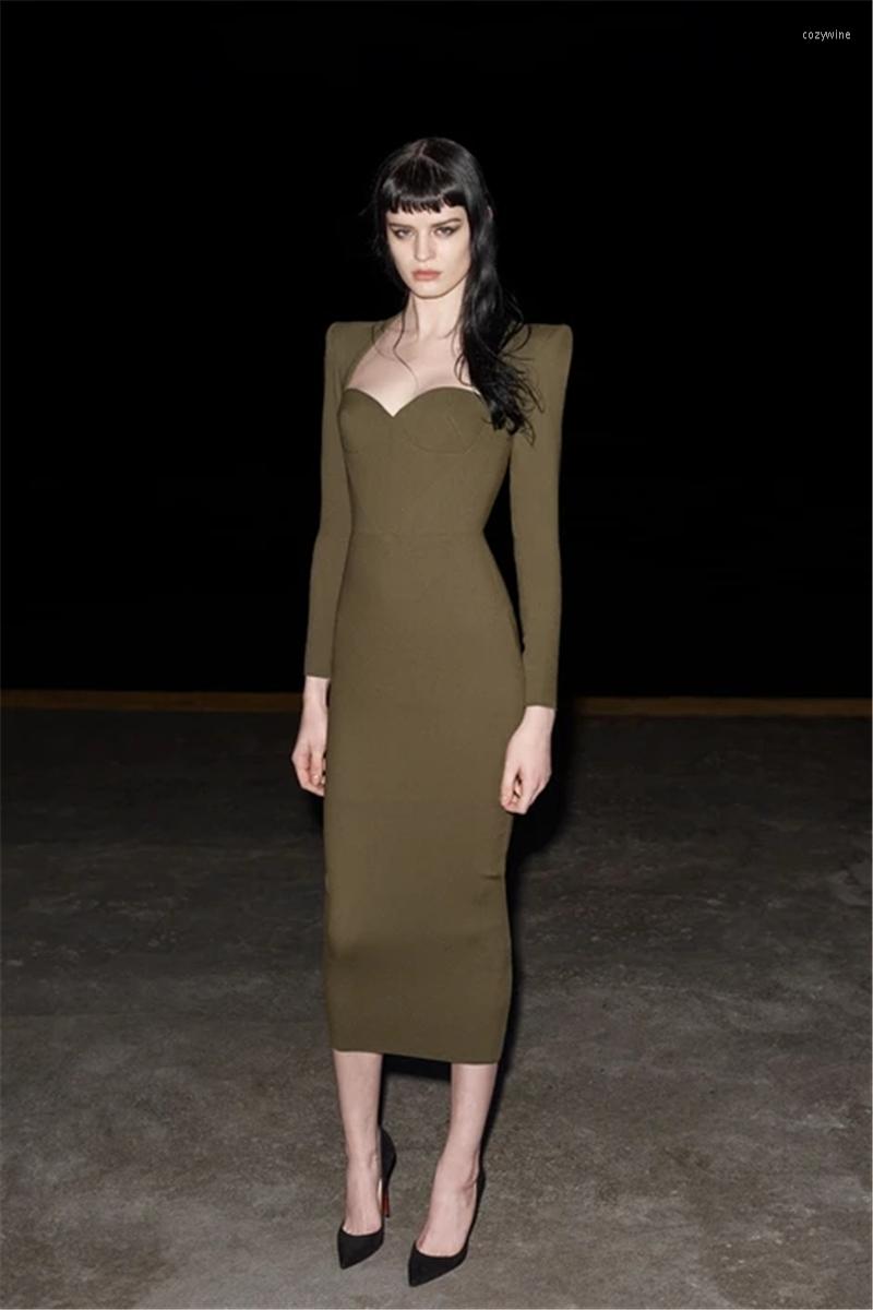 

Casual Dresses Elegant Long Sleeve Knee Length Army Green Women's Dress Celebrity Night Party Formal