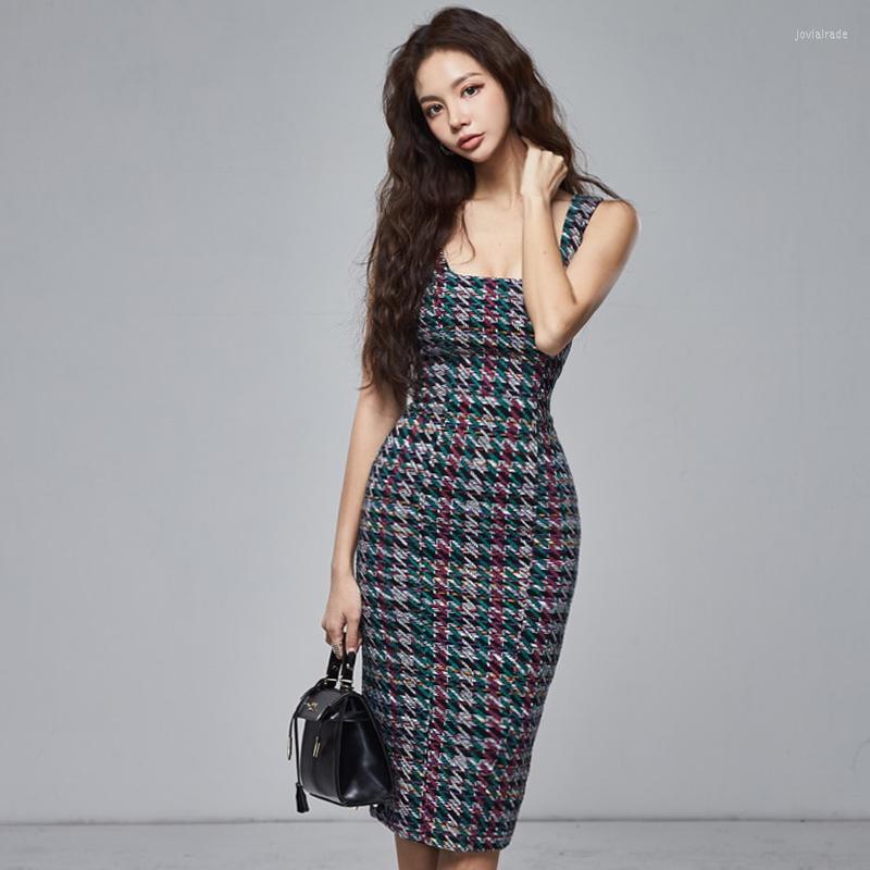 

Casual Dresses Pencil Dress Summer Elegant Women Fashion Spaghetti Strap Sleeveless Office Lady Temperament Slim Plaid Party, Picture shown