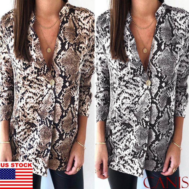 

Women' Blouses Long Sleeve Shirt Sexy Snakeskin Print Top Blouse Female Button Retro, Gray