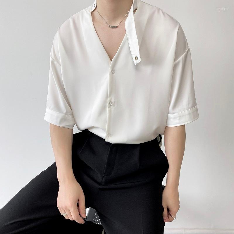 

Men's Casual Shirts Light Luxury V Neck Men Summer Short Sleeve Loose Shirt Ice Silk Breathable Social Clothing Camisa Masculina, White