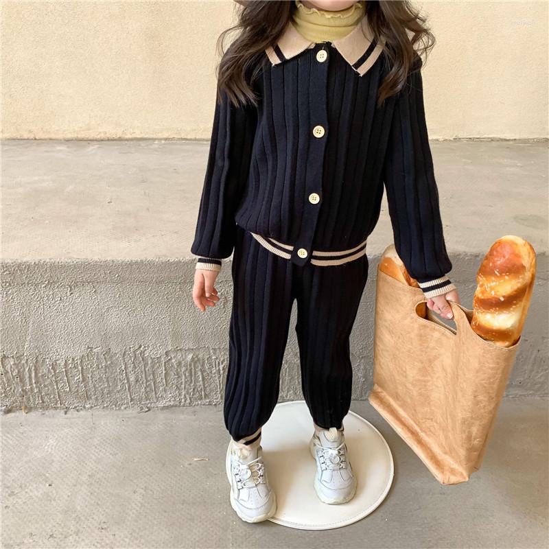 

Clothing Sets Autumn Fashion Girls Knitted Outfits 2022 Turn-down Collar Casual Cardigan And Soft Knitting Trousers 2pcs, Beige