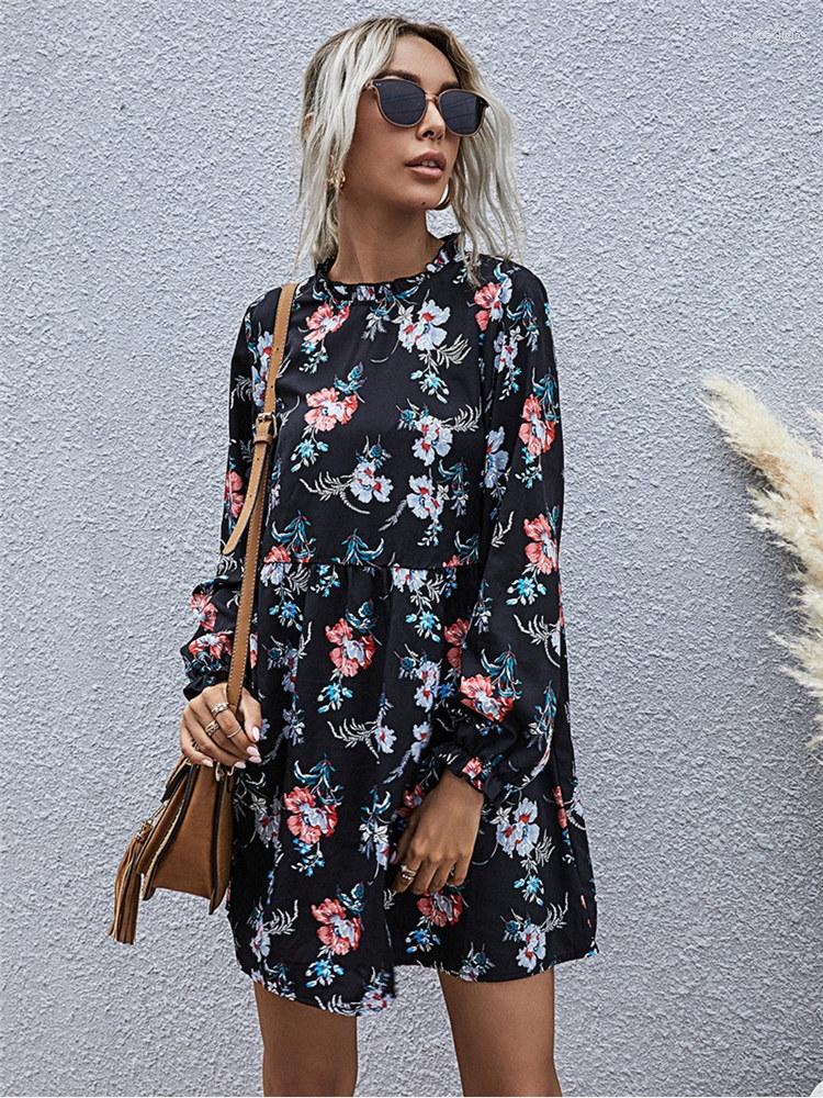 

Casual Dresses 2022 Full Sleeve High Waist Loose Print Dress Autumn And Winter Fashion Floral Women, Black