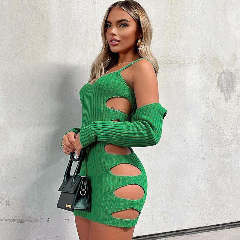 

Casual Dresses 2022 Winter Products Side Hollow-out Independent Long-Sleeved Waistcoat Strap Dress Wholesale For Women, Green