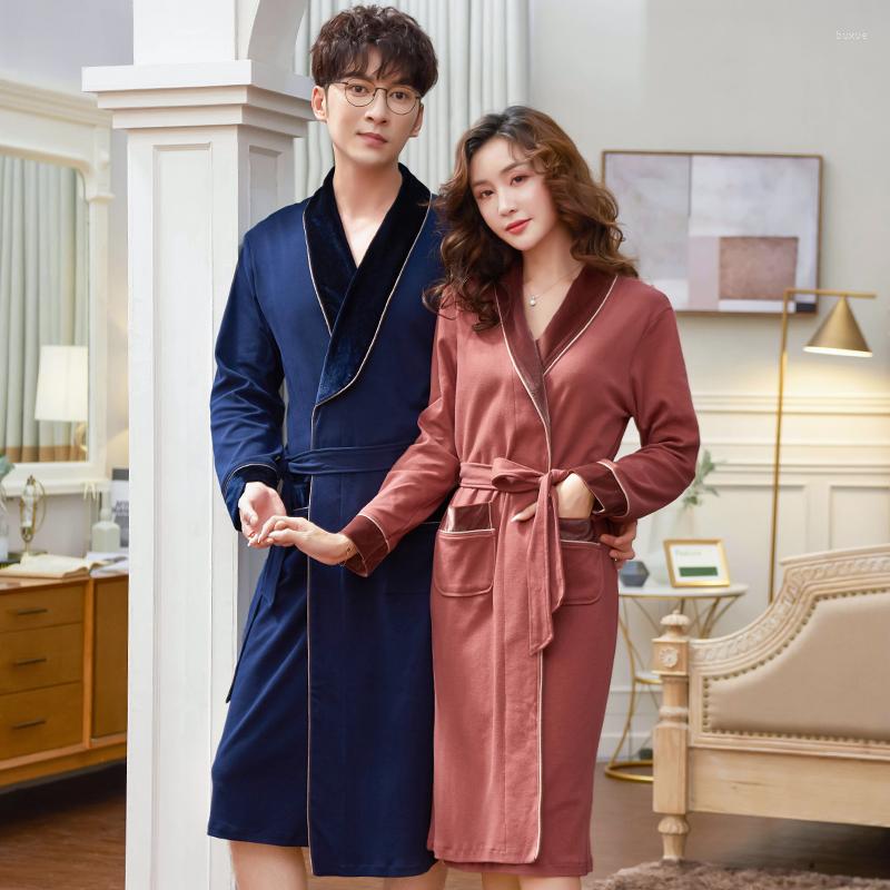 

Men's Sleepwear Spring Autumn Bathrobe Couple Cotton Sleep Top Kimono Robes For Male Solid Long Bath Robe Bride Dressing Gown, 98737 navy blue