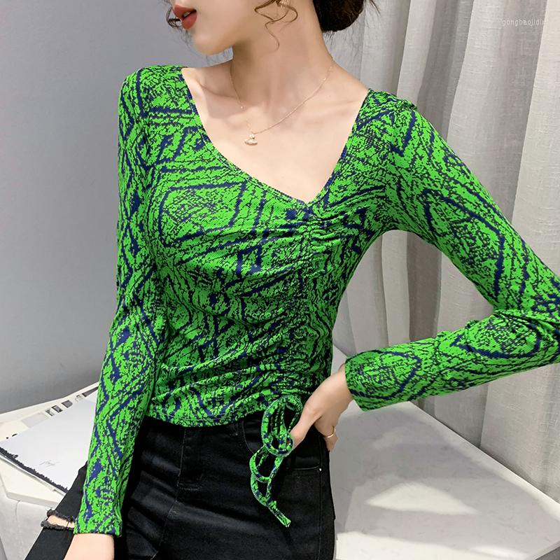 

Women's T Shirts Fall Winter European American Clothes T-Shirt Chic Sexy Skew Collar Irregularity Lace Up Print Women Tops Long Sleeve Tees, Green