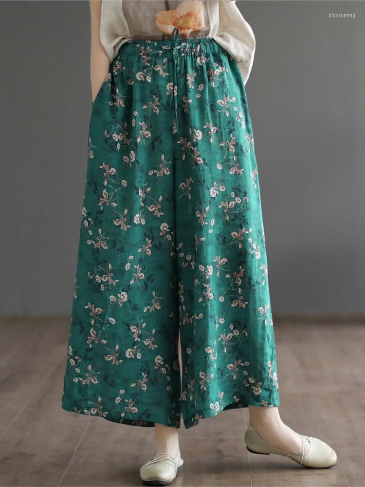 

Women's Pants Summer Women 2022 Loose Elastic Waist Wide Leg Floral Casual Thin Pockets Fashion Trousers YoYiKamomo, Green