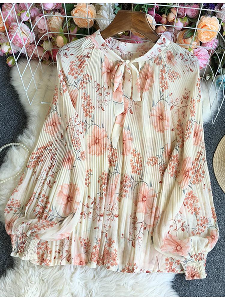 

Women's Blouses Women Autumn Winter Blouse Sweet Temperament Tender Printing Lacing Strap Broken Flowers Large Flower Long Sleeve Shirt, Pink