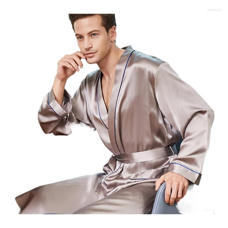 

Men's Sleepwear Satin Pure Mulberry Silk Robes Long Sleeve Men Robe, Blue