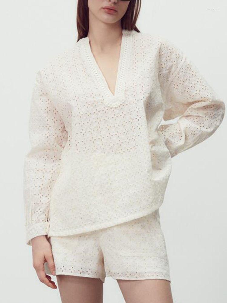 

Women's Tracksuits Spring Women's Clothing Literary Simple And Versatile Hollow Texture Embroidery Shirt Straight High Waist Casual