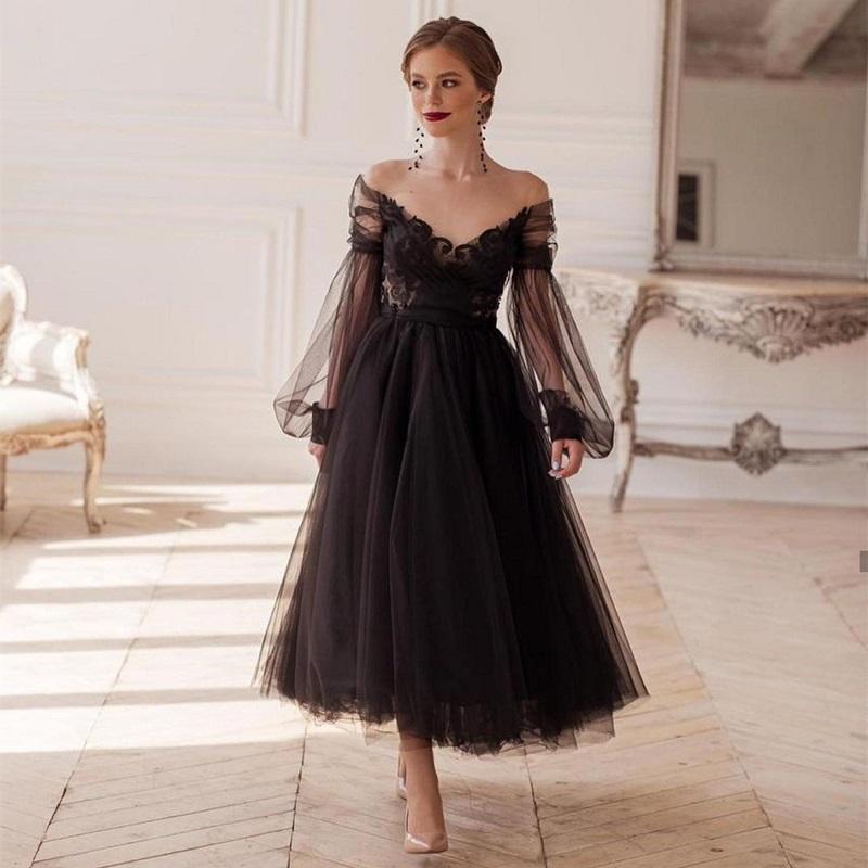 

Party Dresses Black Princess Evening Dress 2022 A-Line Sexy Illusion Long Sleeve V-Neck Lace Appliques Backless Ankle-Length Prom Gown