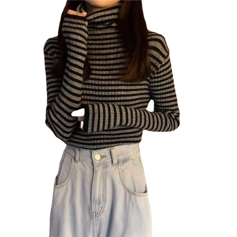 

Women Blouses Knit Turtleneck Long Sleeve Slim Fit Stretch Striped T-Shirts, Black striped
