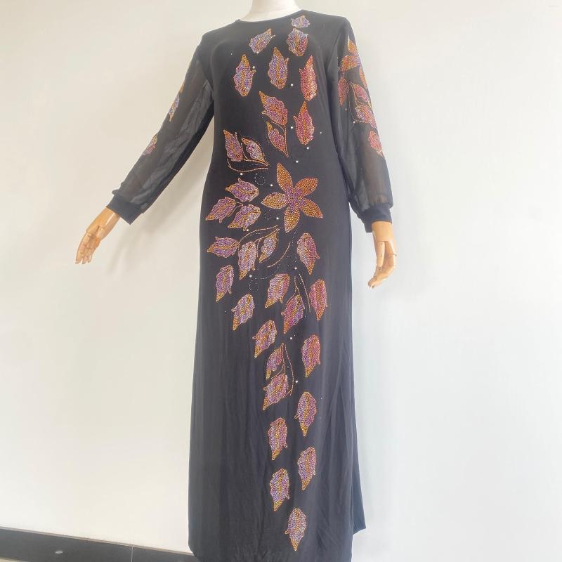

Casual Dresses 2022 Women's Summer Black Dress Flower Muslim Suit Inlaid Colored Diamonds Long Sleeve Comfortable Fabric Delicate Design