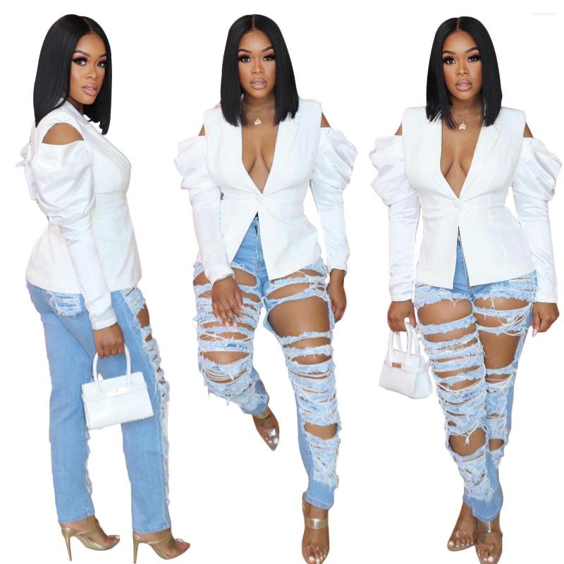 

Women' Suits European And American Sexy Women' Autumn Fashion White Bubble Long-sleeved Strapless Suit Jacket Women