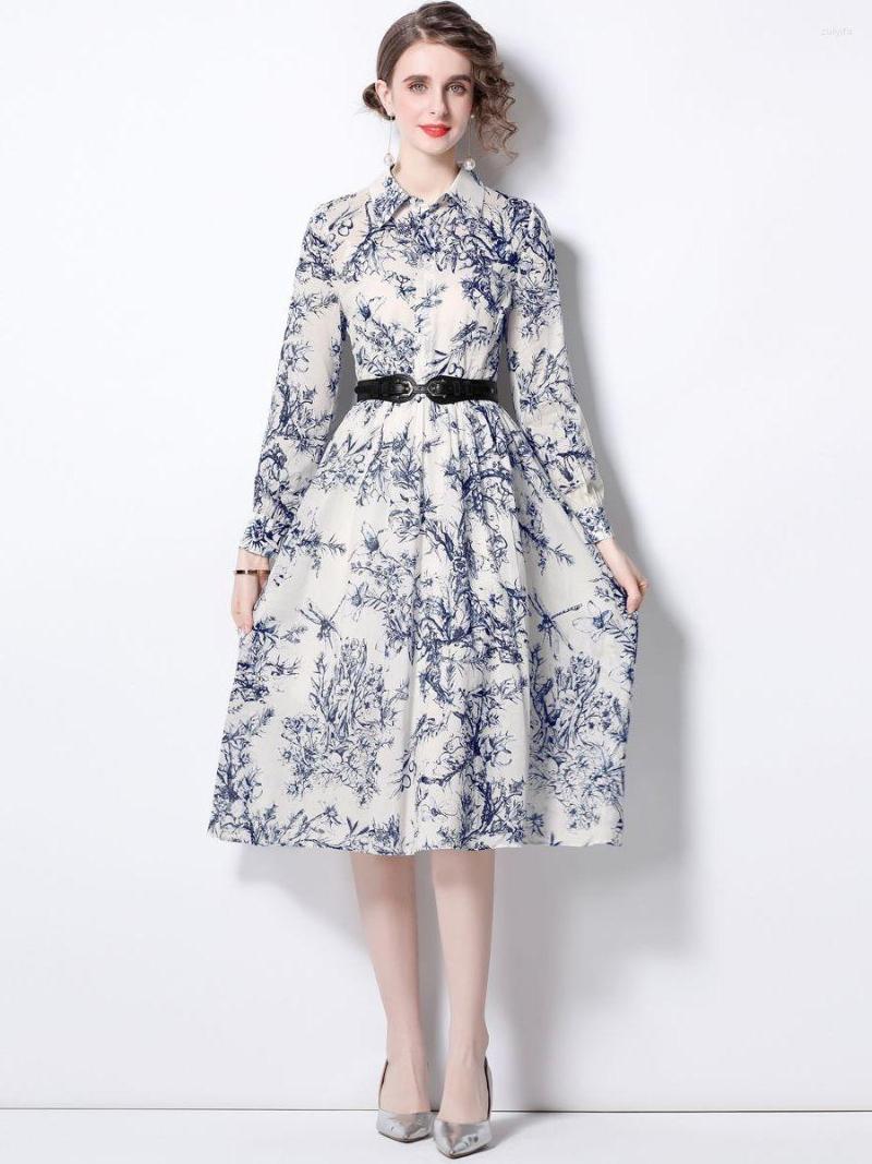 

Casual Dresses 2022 Fashion Runway Colorblock Printed Midi-Length Shirt Dress Summer Women Long Sleeve Elegant Cotton With Belt 7079, Mixed color