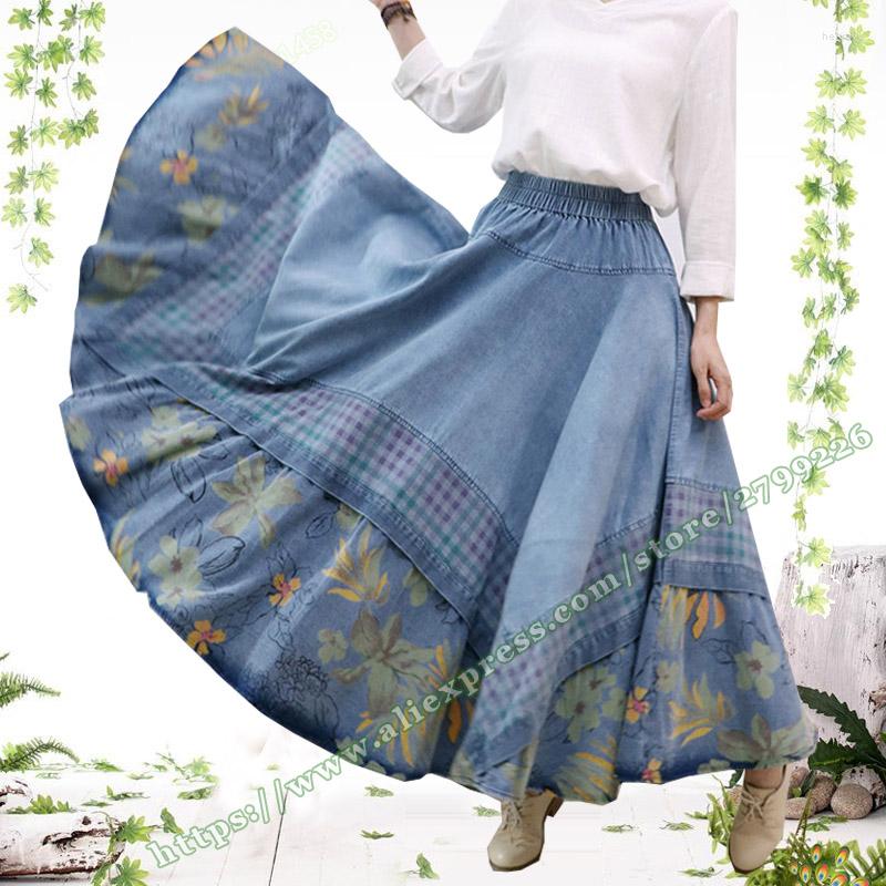 

Skirts 2022 Spring Summer Female Retro Casual Farmhouse Style Hole Plaid Floral Denim Jeans Skirt Big Hem Swing Long For Womens, Color2