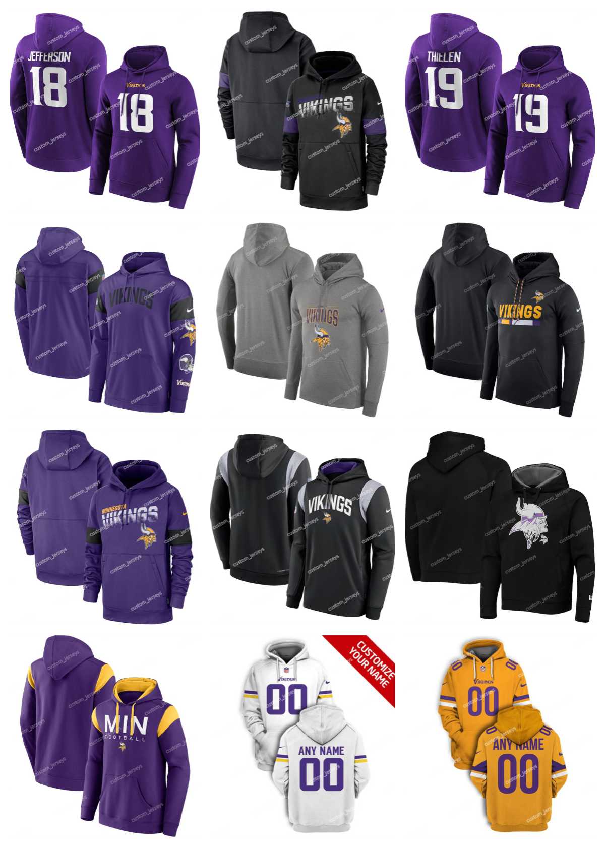 

Custom Minnesota''Vikings''Hoodie 18 Jefferson 19 Thielen Olive 2022 Salute to Service Therma Performance Pullover Football Player''NFL''Hoodie, 11