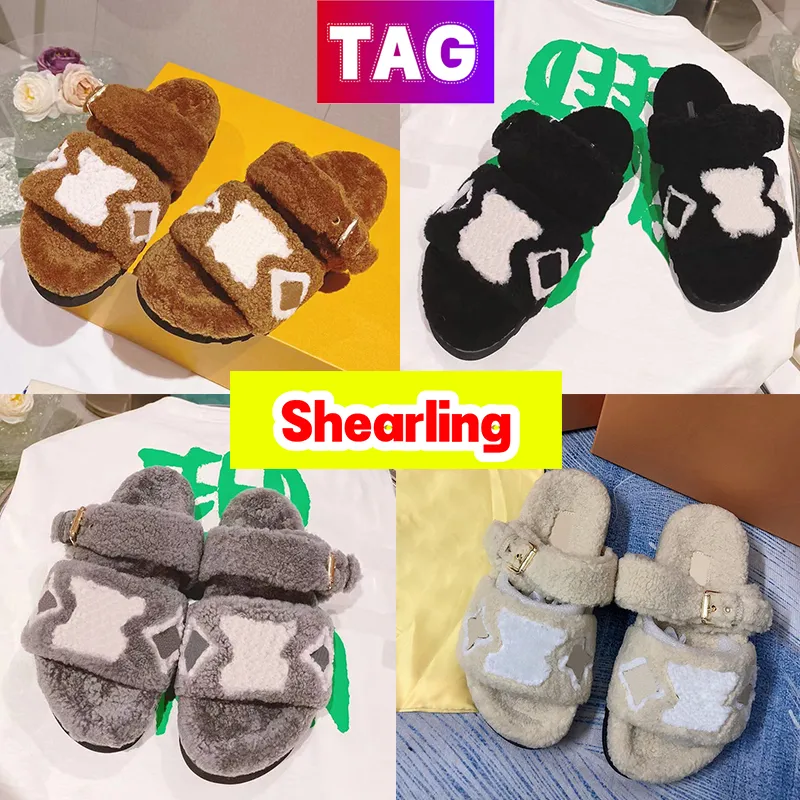 

Designer fur Slippers Paseo Flat Comfort Shearling plush slides Women Shoes Warm indoor Slipper winter slides Cream Gognac Grey Black woman sandals sandal, With logo-1
