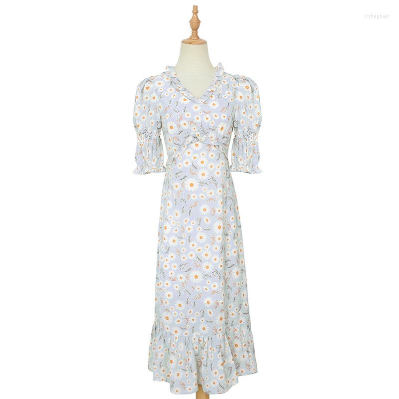 

Party Dresses PERHAPS U Blue White Floral Print Empire V Neck Puff Sleeve Midi Dress Summer Ruffle Chiffon D1866, Picture shown