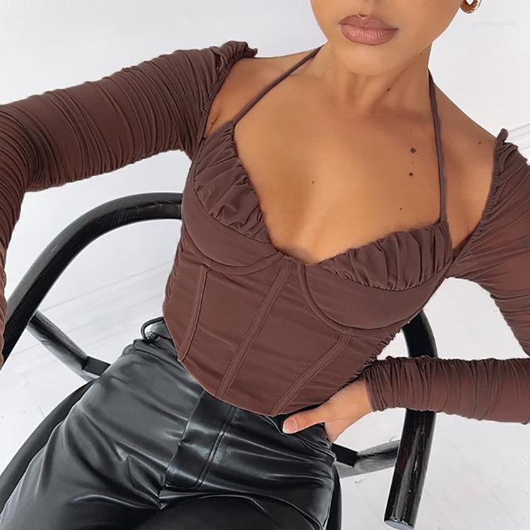 

Women's T Shirts Autumn And Winter Women's Sexy Mesh Perspective Pleated Halter Neck Tie Long-sleeved T-shirt Top Women, Picture color