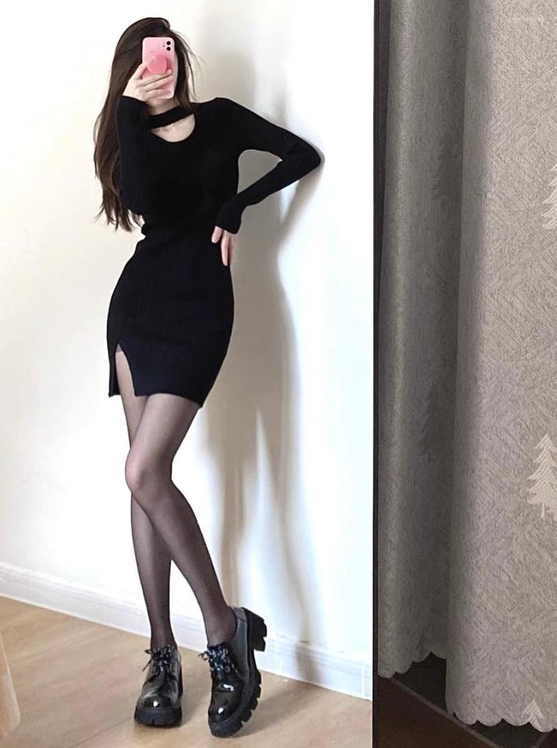 

Casual Dresses 2022 Black Slim Knit Ladies Dress Women Autumn And Winter Base Long Sleeves Office Lady Polyester