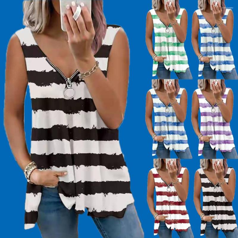

Women' Tanks Summer Fashion Women' Zip V-Neck Striped Print Loose Tank Top Casual Versatile Sleeveless Lady