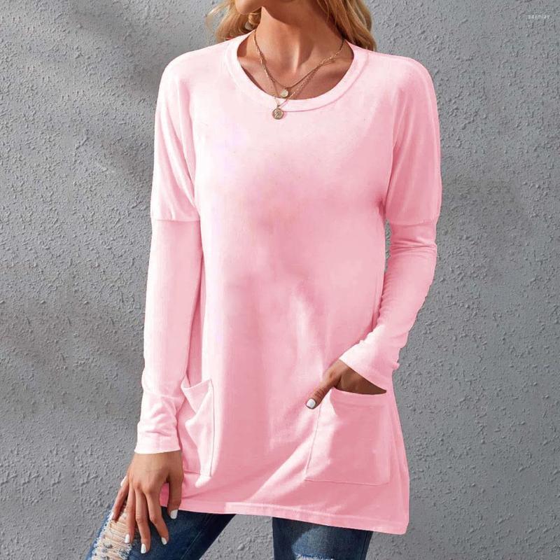 

Women' T Shirts Fall Women' Top Black O-neck Long Sleeve Pockets Casual Tops Female Fashion Elegant Loose Street Office Ladies Clothes, Khiki