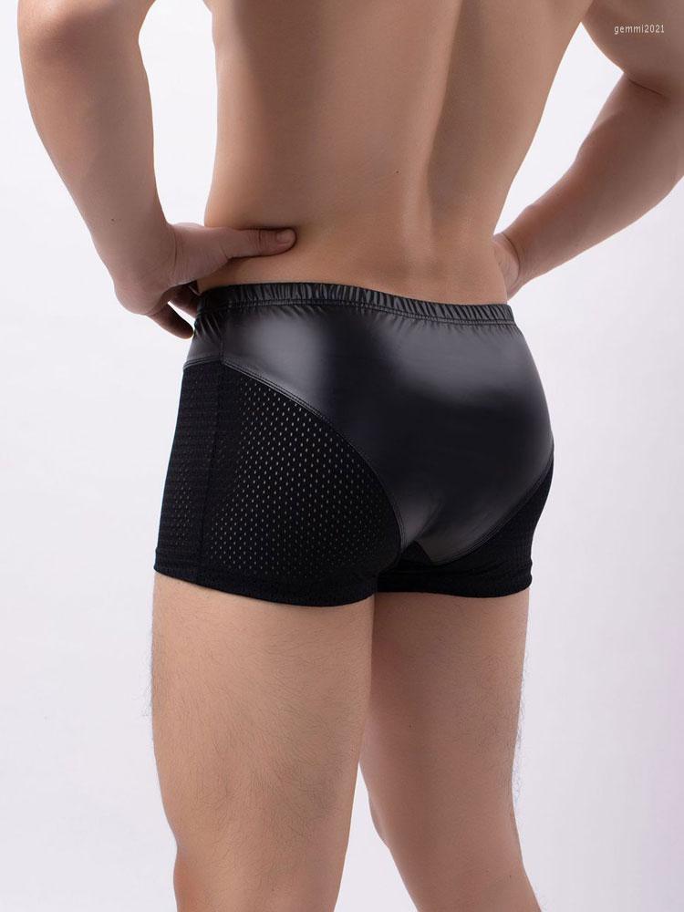 

Men's Shorts Sexy Casual Male Boxer PU Faux Leather Patchwork Mesh Men Summer Low Rise Breathable Half Sheer Transparent Men's Clothes, Black