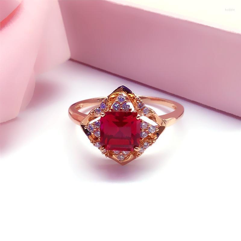 

Cluster Rings 585 Purple Gold Plated 14K Rose Inlaid Geometric Ruby Engagement For Women Classic Open Design Elegant Jewelry