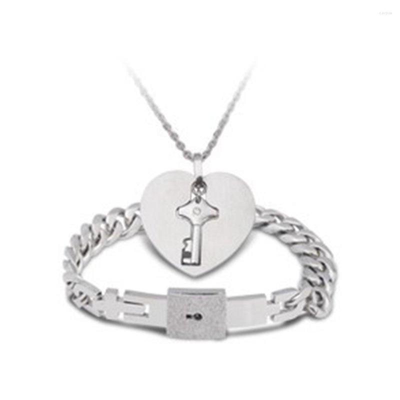 

Necklace Earrings Set Heart Lock Bracelet & Key Pair Of Male Bracelets Female Couple Jewelry, Picture shown
