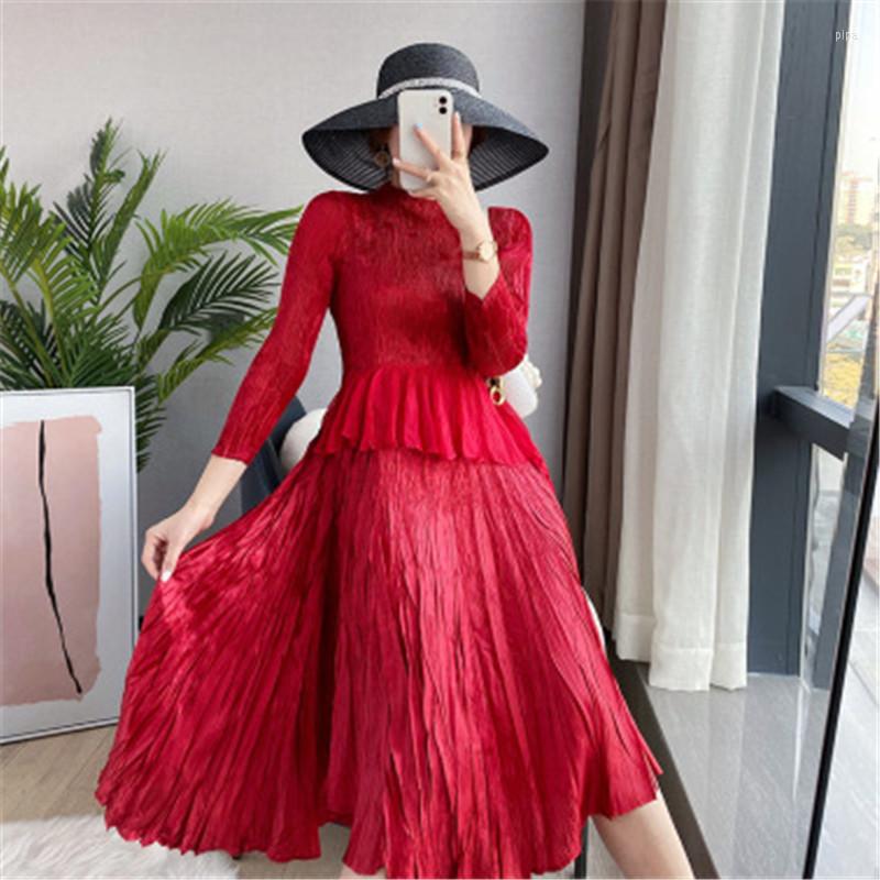 

Casual Dresses YUDX Miyake Pleated Dress Women 2022 Spring O-neck Thin Five-point Sleeve Bohemian Long Party Evening