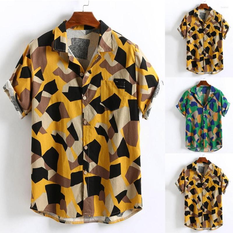 

Men's Casual Shirts Loose T Printed Mens Linen Sleeve Cotton Buttons Shirt Short Hawaiian Men's Blouse, Green