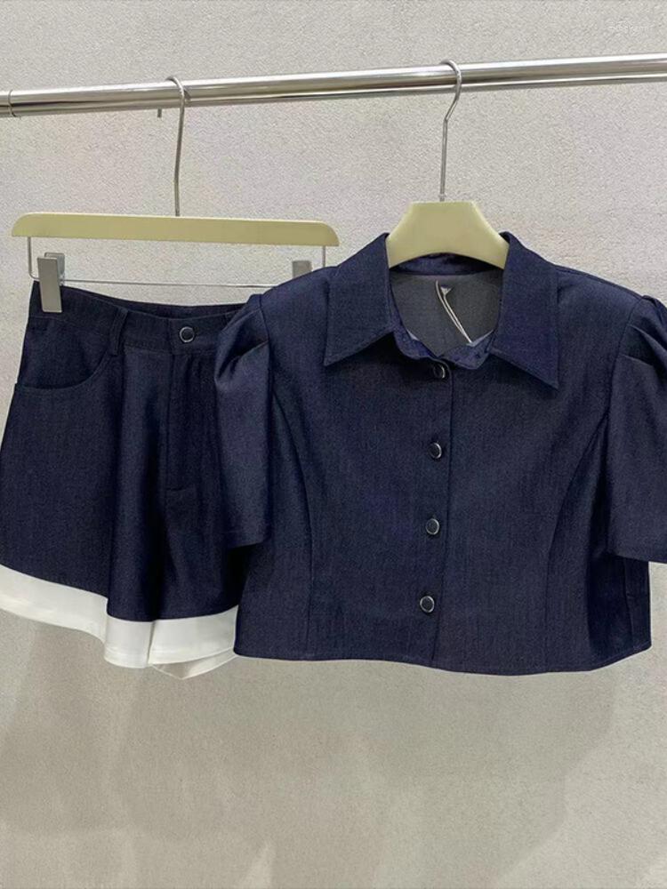 

Women' Tracksuits Syeazeam Fashion Shirt Two-piece Women' Retro Puff Sleeves 2022 Summer Top Color Matching Shorts Set, Blue